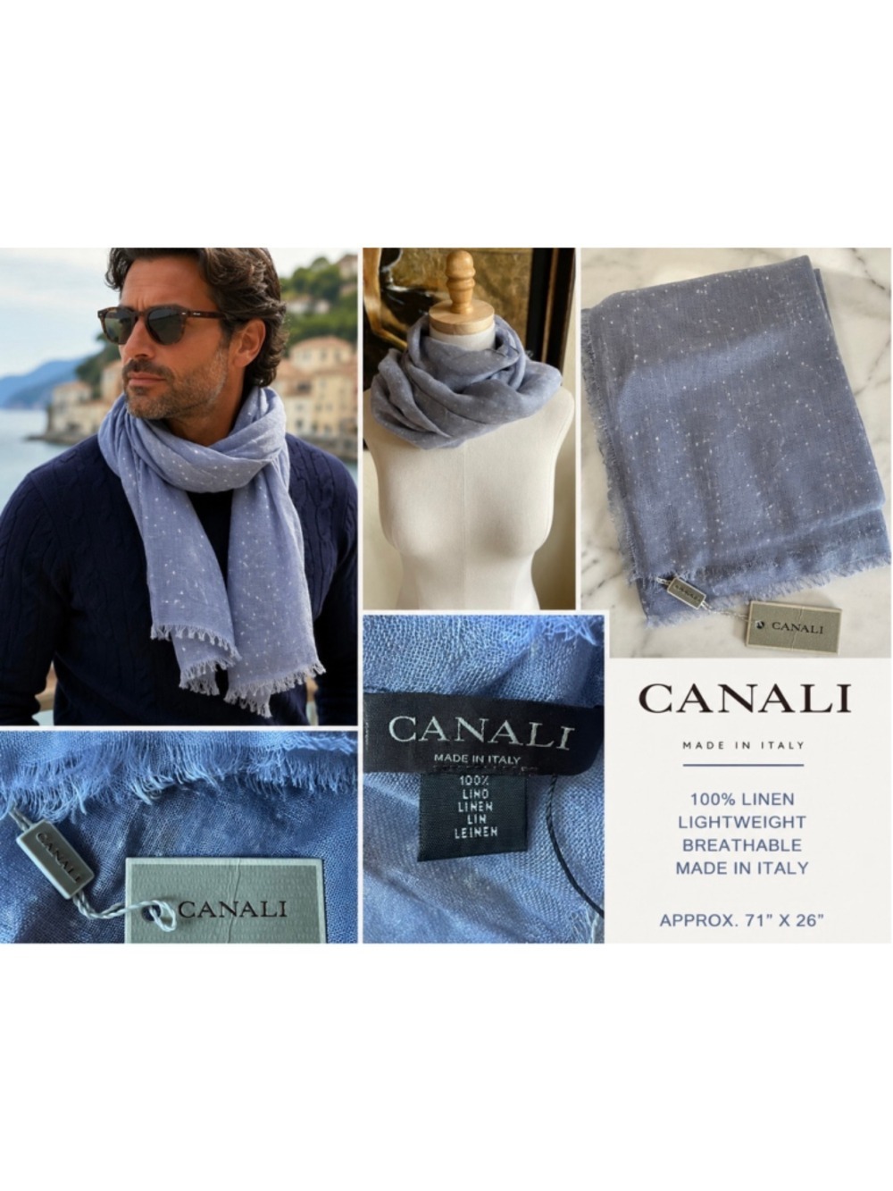 Men's Canali Linen Scarf Blue White Polka Dot New Luxury